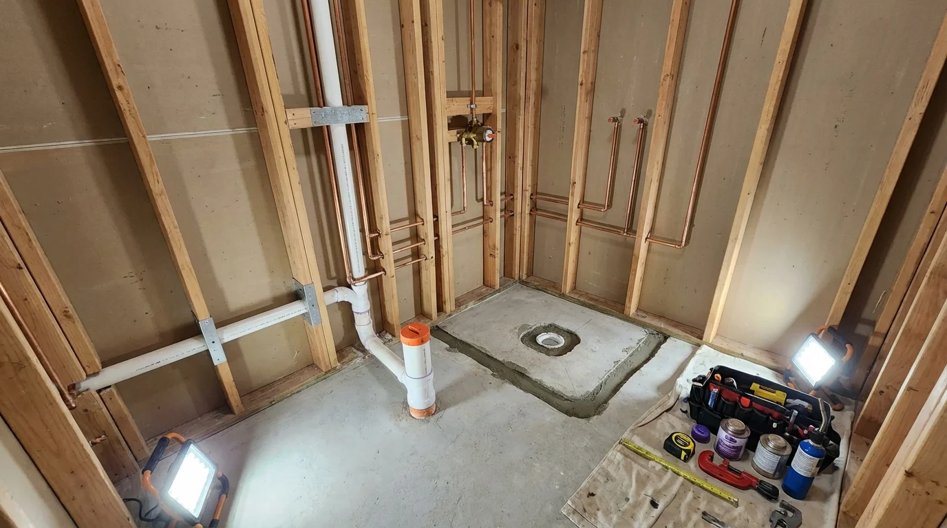 Bathroom rough-in plumbing during remodel by Johns Plumbing LLC in Prior Lake