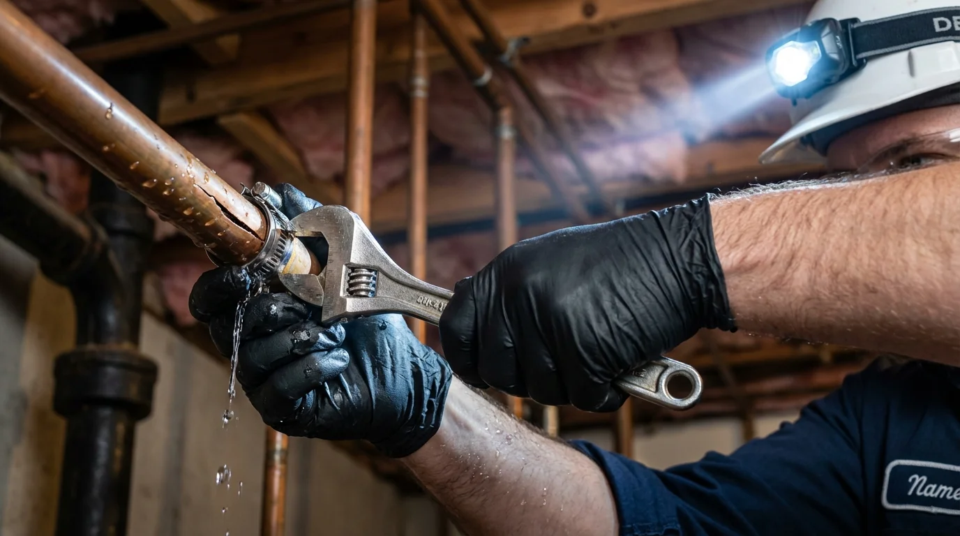 Emergency pipe clamp repair being performed by a Johns Plumbing LLC plumber in Prior Lake