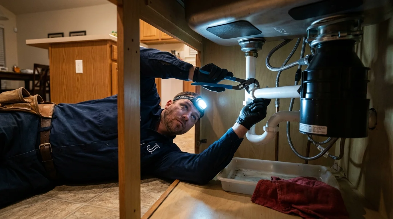 P-trap and supply line connections under a kitchen sink showing a common leak point in Prior Lake, MN